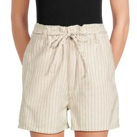 rag & bone Striped Shorts Size 30 Ivory Cream Linen Blend Paperbag High Waist - Picture 1 of 13